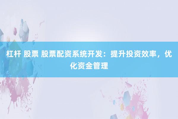 杠杆 股票 股票配资系统开发：提升投资效率，优化资金管理